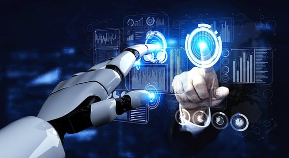 A robot hand and a human hand touching different widgets on a futuristic touchscreen 